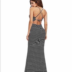 White black maxi halter tie open back dress
